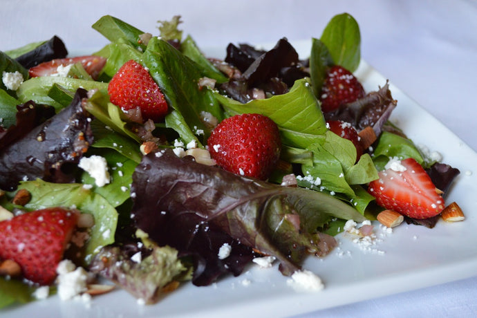 Baby Mixed Greens, Strawberry, Almond, and Feta Salad with Aged Balsamic Vinaigrette