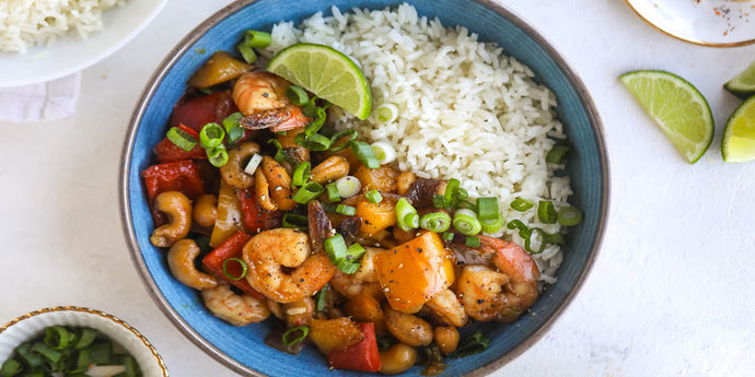 Salt and Pepper Prawns with Coconut Cashew Rice