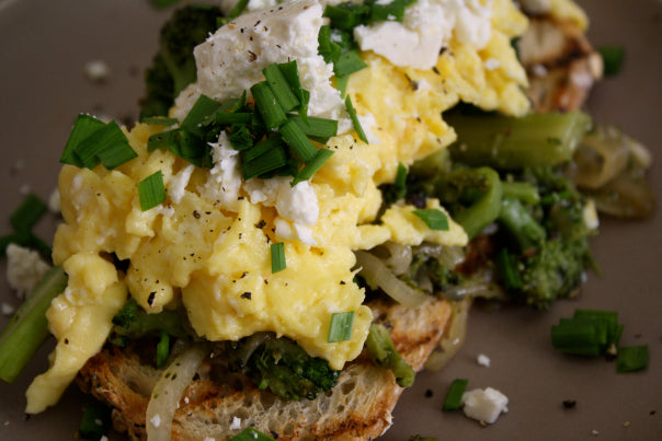 Soft-Scrambled Eggs, Long-Cooked Broccoli and Feta Cheese