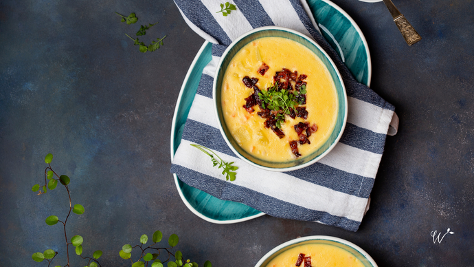 Sweet Corn Chowder Topped with Cheddar Cheese Tortillas